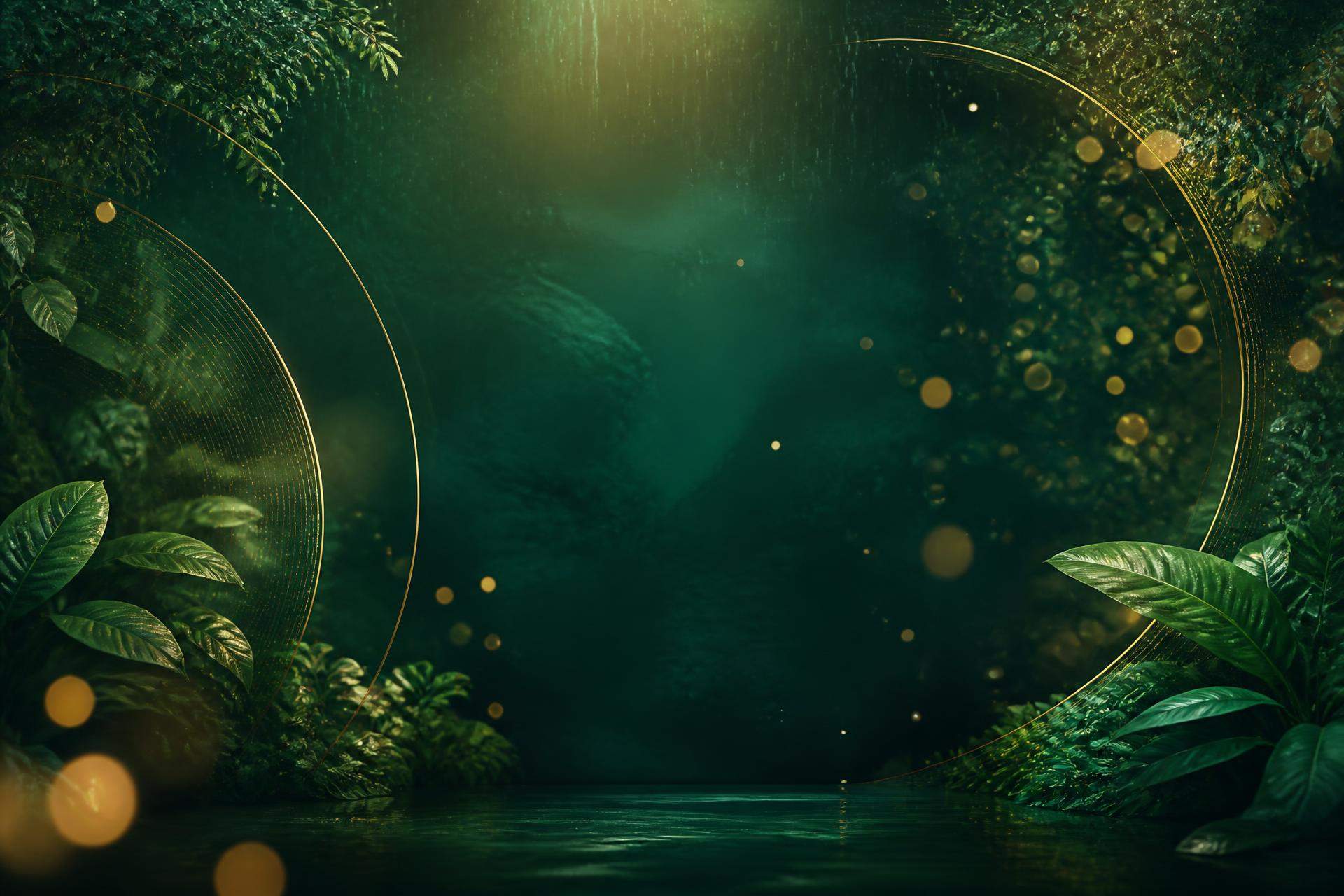 Emerald green monsoon retreat setting with golden lights